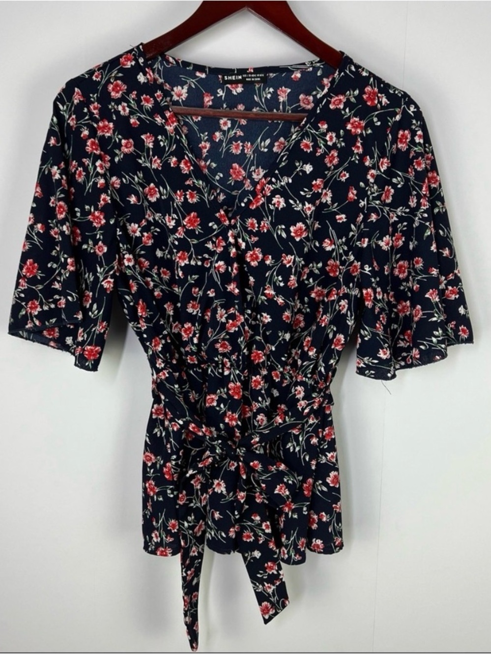 SHEIN Navy Red Floral Tie-Waist Blouse